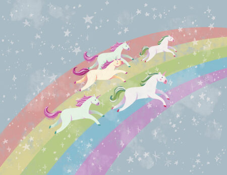 Fototapety Unicorns & Rainbow niebieskie tło z chmurami | fototapeta dla dzieci
