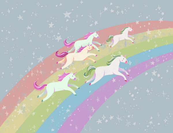 Fototapety Unicorns & Rainbow niebieskie tło | fototapeta dla dzieci