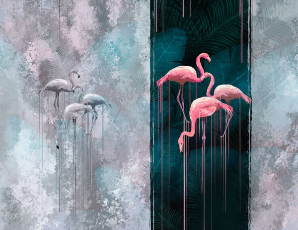 Fototapety Zwierzęta Contrast szare tło z flamingami