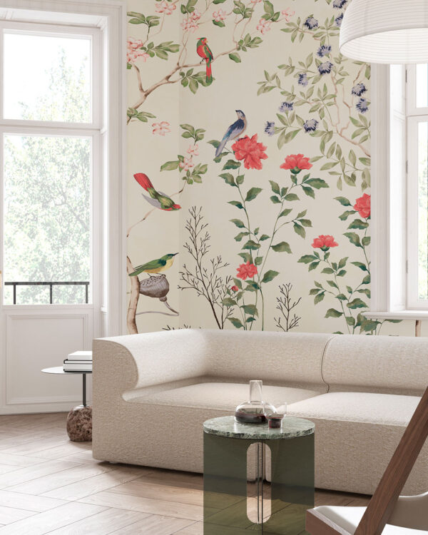 Panel tapety z gałęziami drzew, kwiatami i ptakami tapeta do sypialni