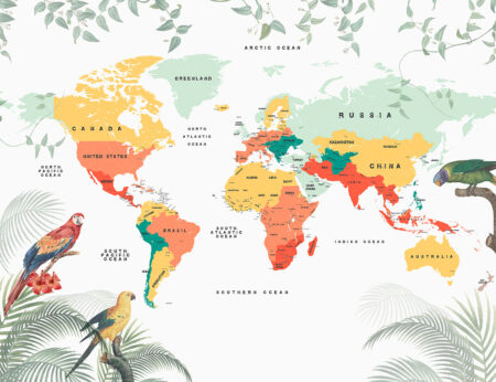 Fototapety Papageien mapa świata z papugami i kwiatami na białym tle | fototapety 3d