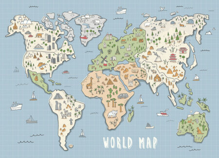 Fototapeta Mapa z Zabytkami Świata niebieskie odcienie | fototapeta mapa świata