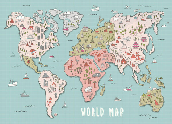 Fototapeta Mapa z Zabytkami Świata jasnoniebieskie odcienie | fototapeta mapa świata