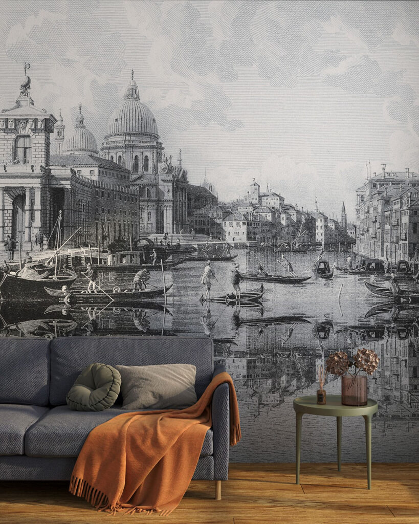 Fototapeta Wenecja miasto na szarym tle z sofą w salonie