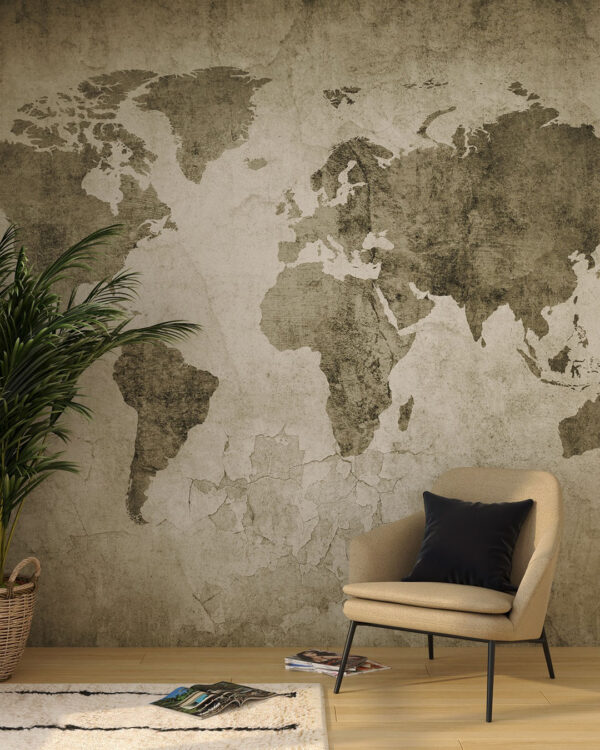 fototapeta mapa świata w stylu loftu na ciemnozielonym tle z krzesłem w sypialni.