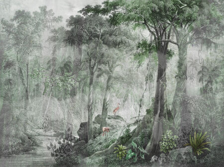 Fototapeta gęsty las z rzeką i zwierzętami Zielone odcienie