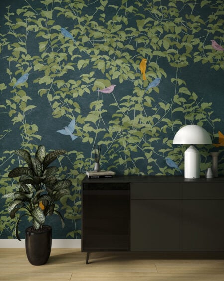 liście z ptakami na niebiesko-zielonym tle w pokoju