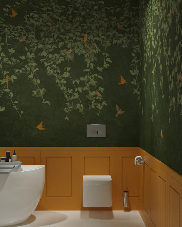 liście z ptakami na zielonym tle w toalecie