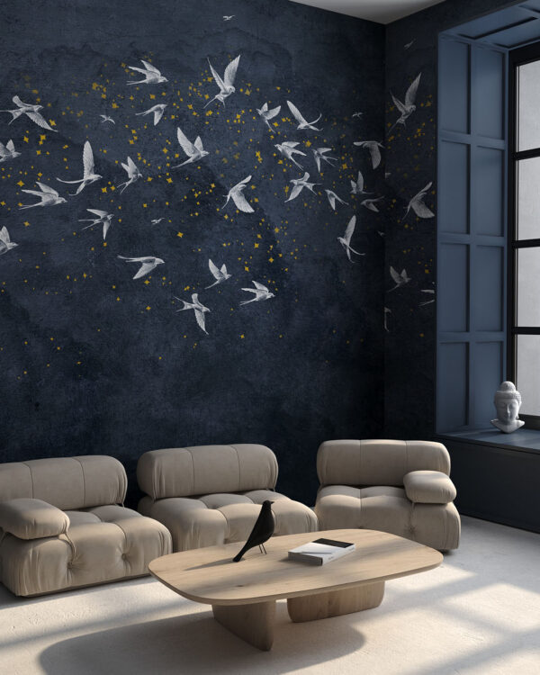 Lot stada ptaków na ścianie w ciemnych kolorach w pokoju