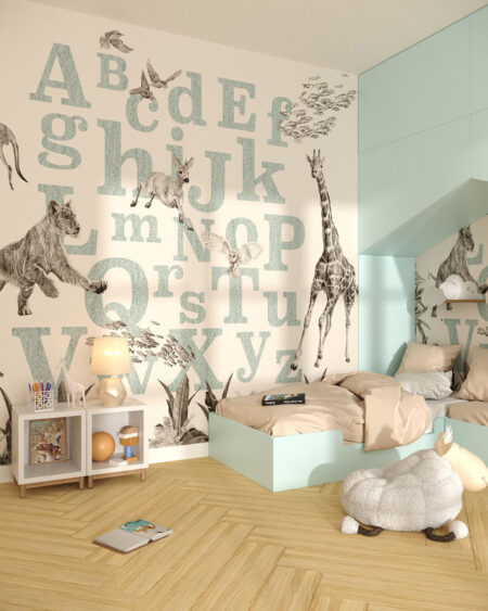 alfabet ze zwierzętami na ścianie w pokoju dziecięcym