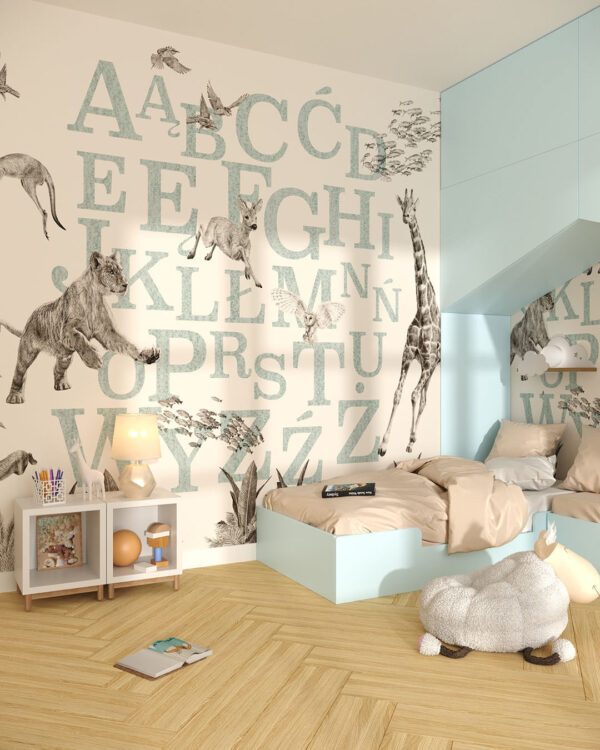 alfabet ze zwierzętami na ścianie w pokoju dziecięcym