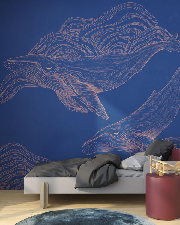 Dwa czarno-białe wieloryby na niebieskim tle na ścianie w pokoju dziecięcym