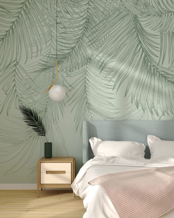 tropikalne zielone liście na ścianie w sypialni z sofą