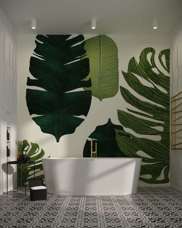 Nasycone tropikalne liście na ścianie w łazience