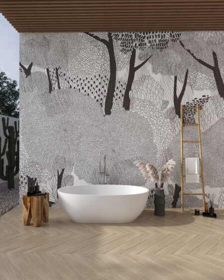czarno-białe drzewa na ścianie łazienki