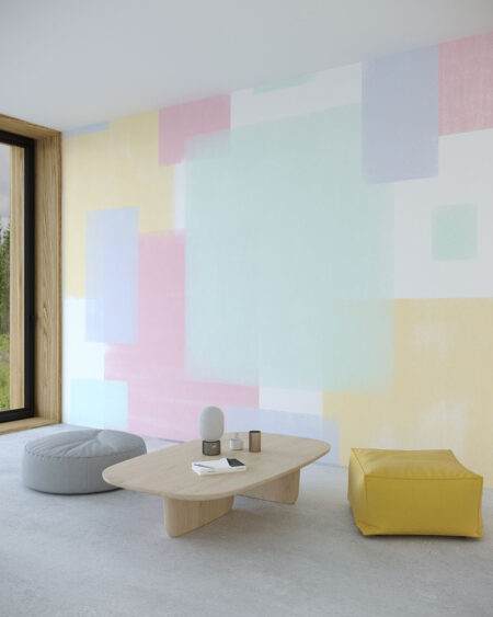 kolorowe kwadraciki na ścianie w salonie