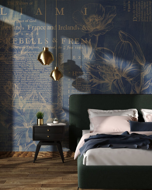 opis kwiatu z wzorem na ścianie na niebieskim tle w sypialni
