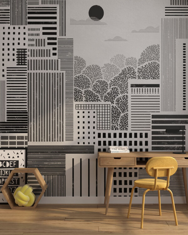 czarno-białe miasto z drzewami na ścianie w pokoju