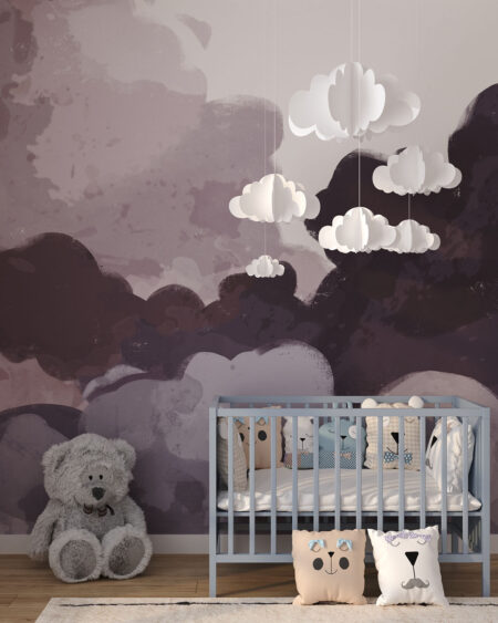 Chmury w ciemnofioletowych odcieniach w pokoju dziecięcym z łóżkiem