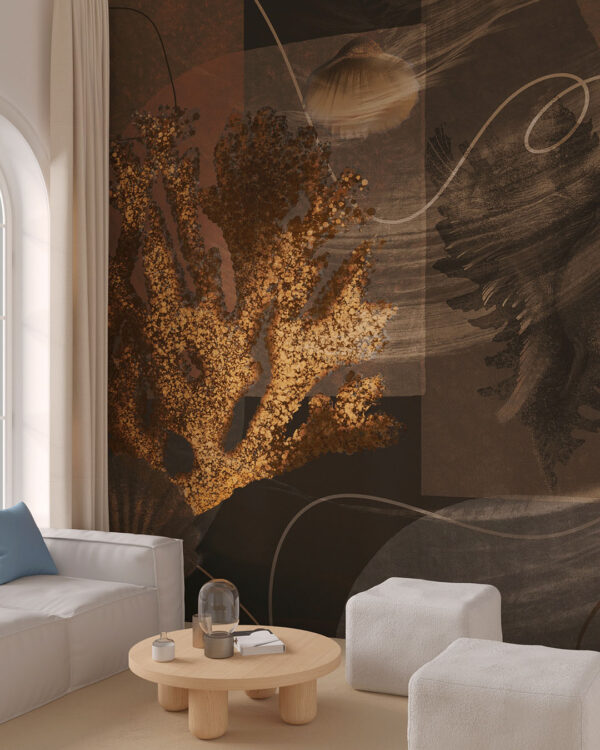 korale morskie na brązowym tle w salonie z sofą i otomanami