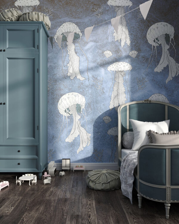 meduza w odcieniach błękitu w pokoju dziecięcym z łóżkiem i szafą