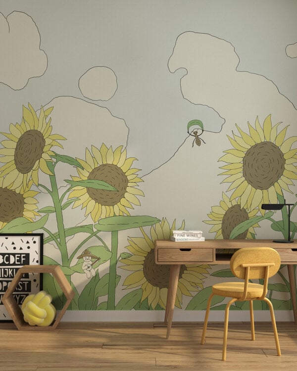 Fototapeta delikatne kwiaty słonecznika z liniowymi chmurkami w pokoju dziecięcym