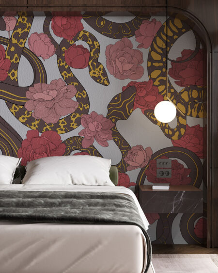 Fototapeta różnokolorowe węże i kwiaty na szarym tle do sypialni
