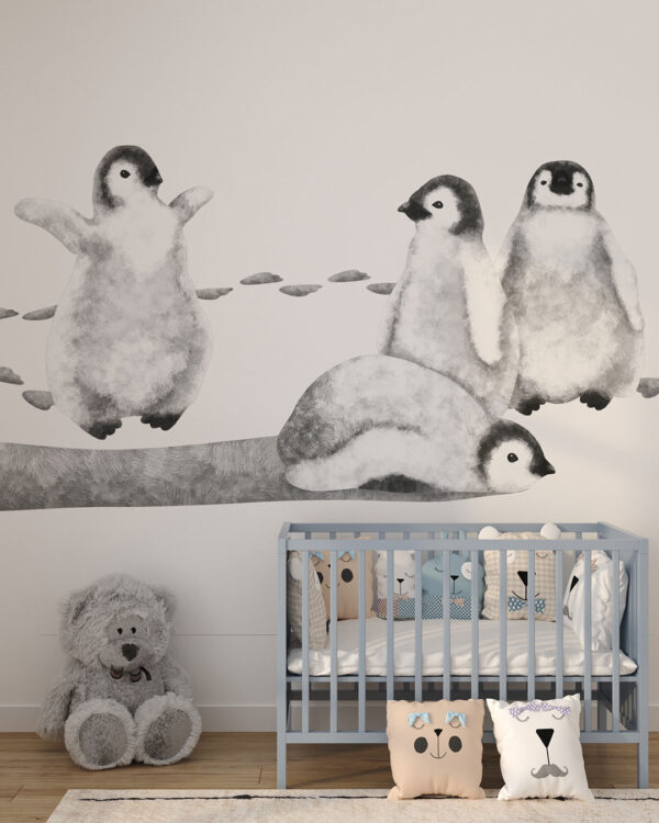 Fototapeta dziecięca akwarela czarno-białe pingwiny na białym tle dla dzieci