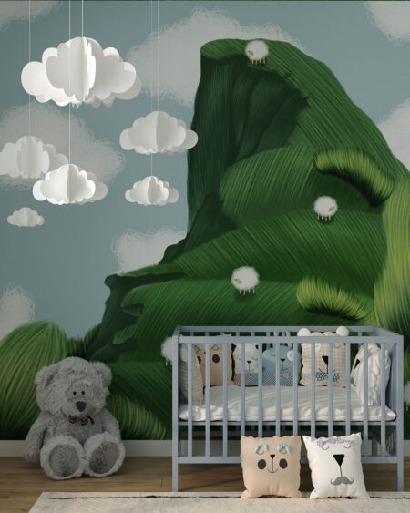 Fototapeta włochata zielona góra z miękkimi owcami do pokoju dziecięcego