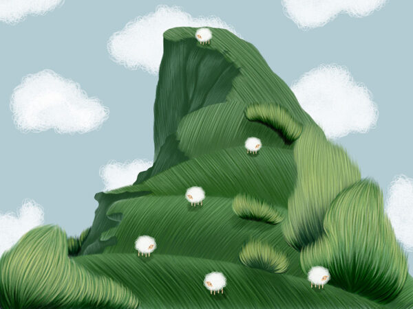 Fototapeta włochata zielona góra z miękkimi owcami