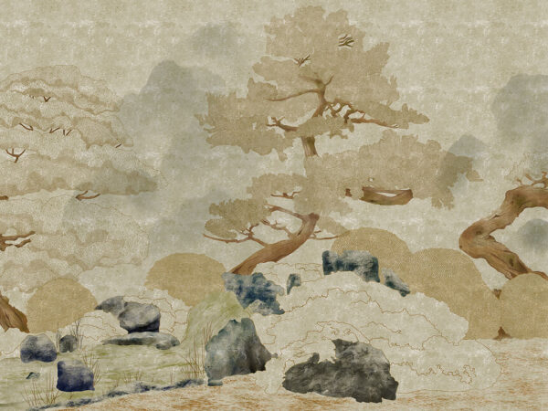 Fototapeta minimalistyczny grawer z drzewami i kamieniami