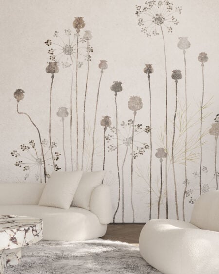 Fototapeta delikatne minimalistyczne rośliny i dmuchawce w odcieniach szarości do salonu