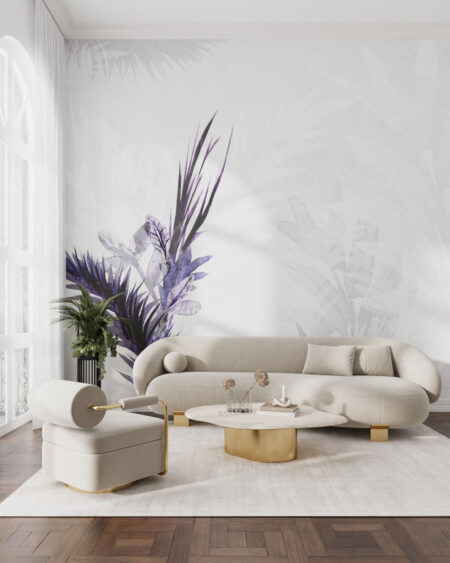 Fototapeta do salonu z delikatnymi akwarelowymi liśćmi palmy w odcieniach szarości