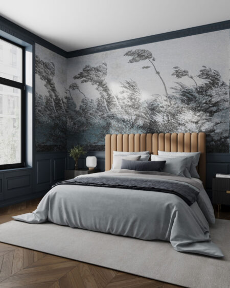 Fototapeta do sypialni z grawerunkiem szarego lasu w stylu vintage