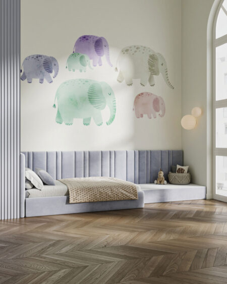Fototapeta do pokoju dziecięcego z delikatnymi akwarelowymi słoniami
