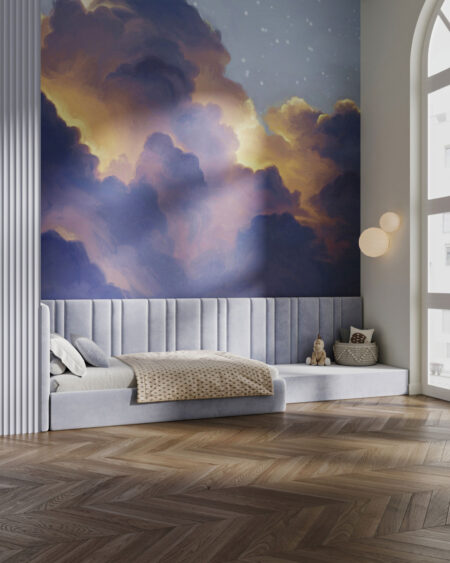 Fototapeta do pokoju dziecięcego z puszystymi chmurami na rozgwieżdżonym niebie