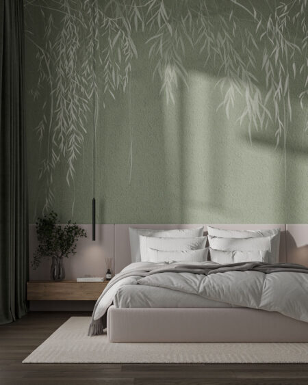 Fototapeta do sypialni z delikatnymi białymi gałęziami i liśćmi na betonowej ścianie