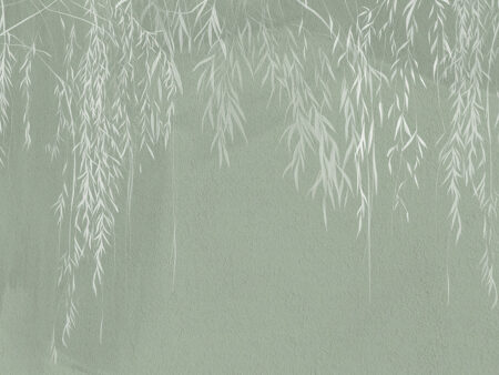 Fototapeta z delikatnymi białymi gałęziami i liśćmi na zielonej betonowej ścianie