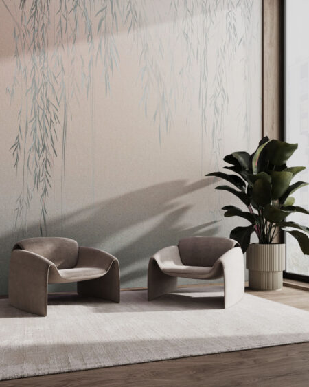 Fototapeta do salonu z delikatnymi niebieskimi gałęziami i liśćmi na betonowej ścianie