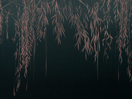 Fototapeta z delikatnymi różowymi gałęziami i liśćmi na betonowej ścianie w ciemnym gradiencie