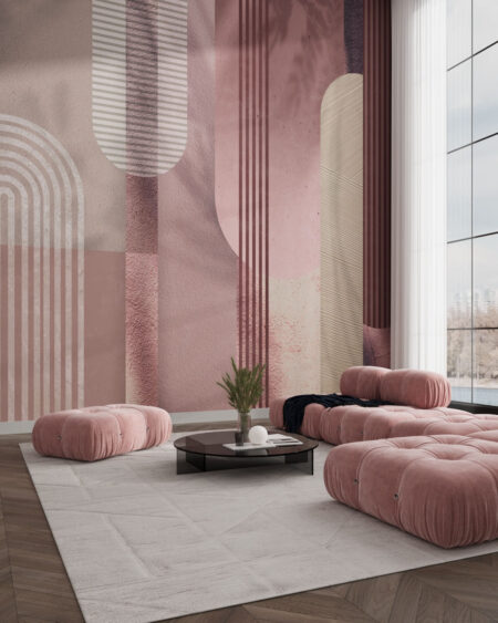Fototapeta do salonu z teksturowanymi różowymi łukami geometrycznymi