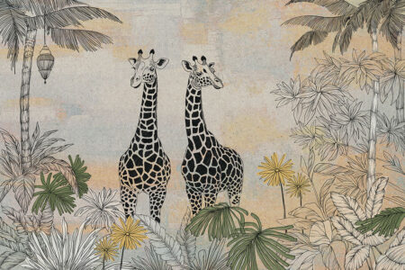 Fototapeta z graficznymi żyrafami w dżungli na teksturowanym tle